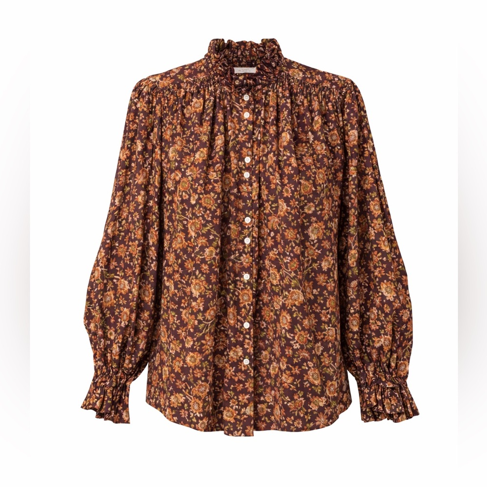 Doen Brown Floral Ruffle-Neck Button Front Blouse
